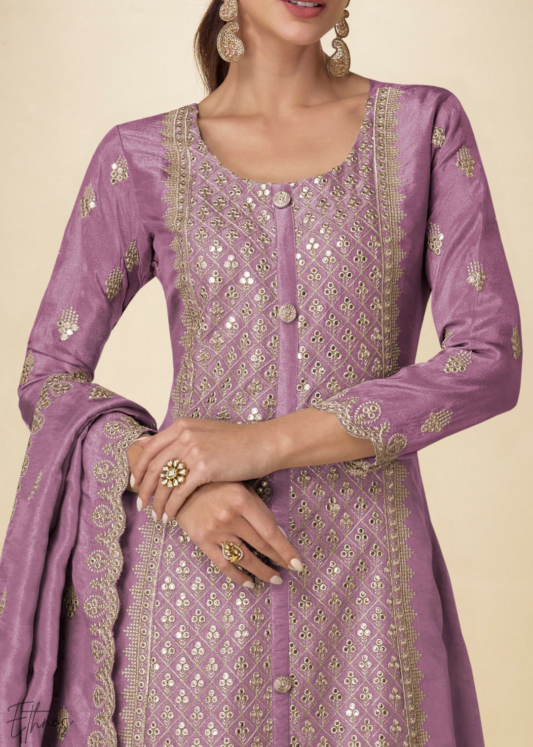 Orchid Arabesque Embroidered Shimmer Silk Palazzo Suit