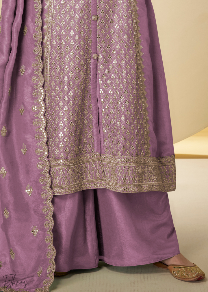 Orchid Arabesque Embroidered Shimmer Silk Palazzo Suit