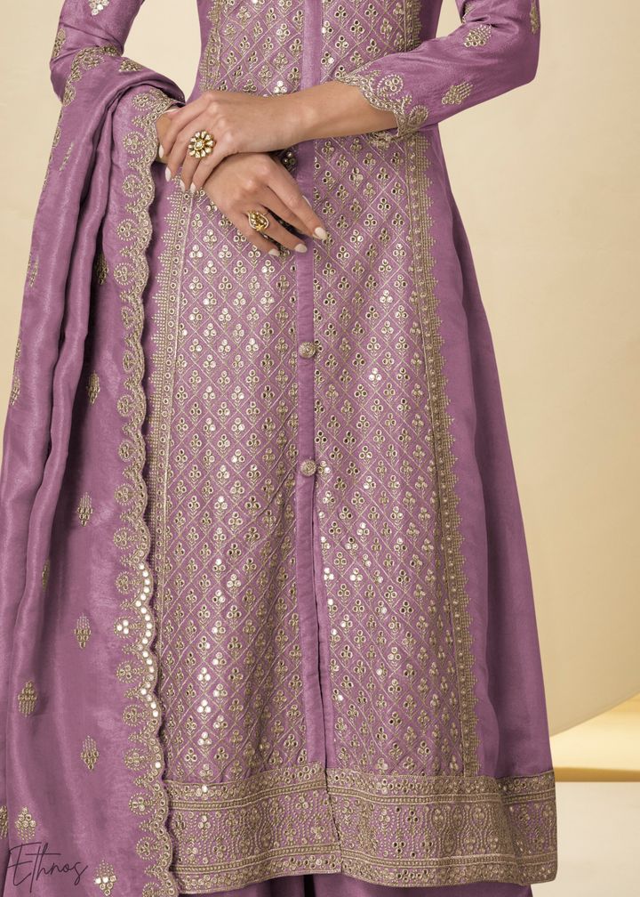 Orchid Arabesque Embroidered Shimmer Silk Palazzo Suit