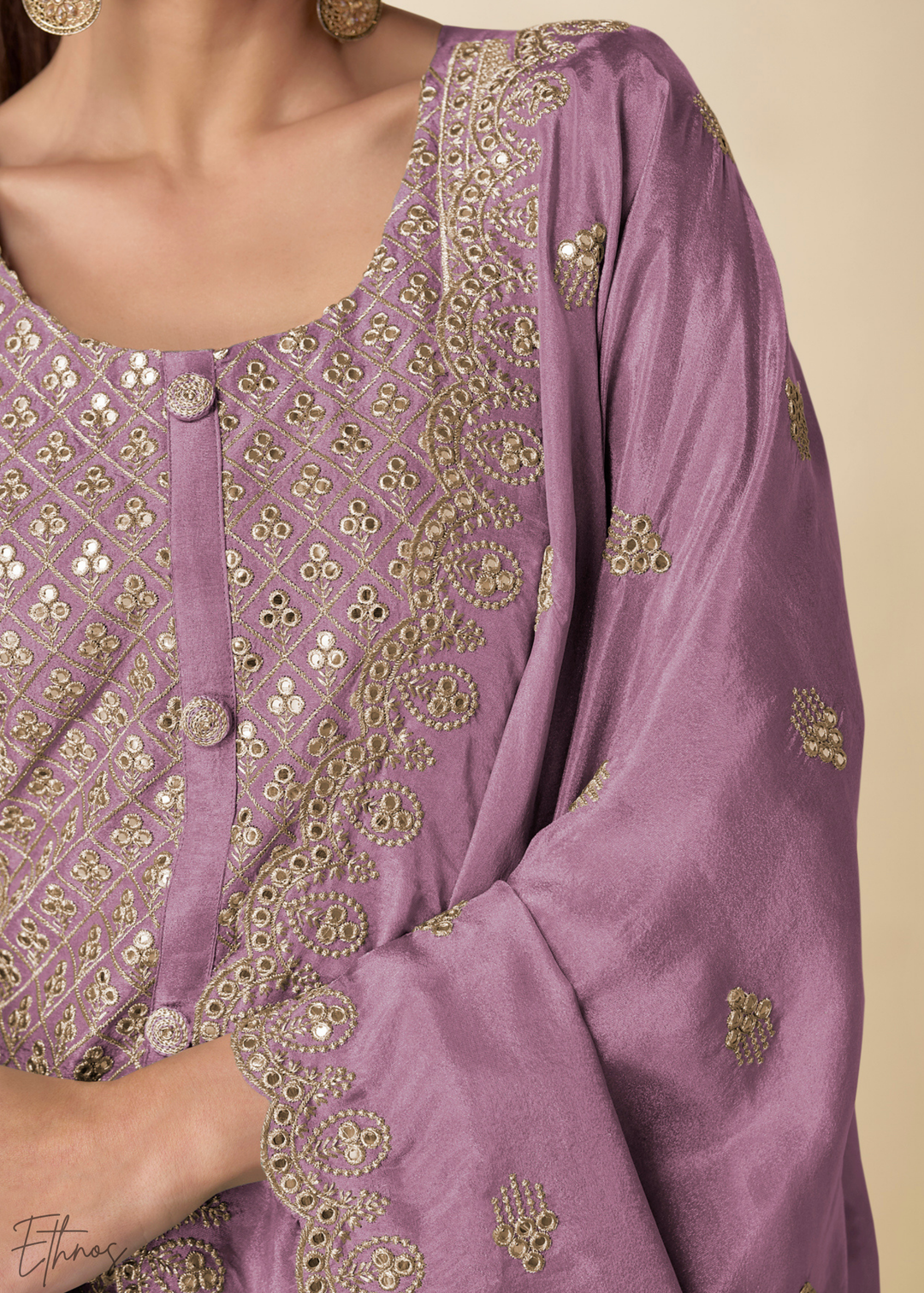 Orchid Arabesque Embroidered Shimmer Silk Palazzo Suit