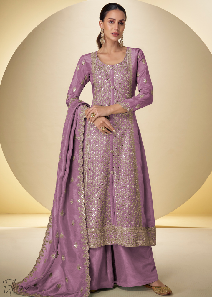 Orchid Arabesque Embroidered Shimmer Silk Palazzo Suit