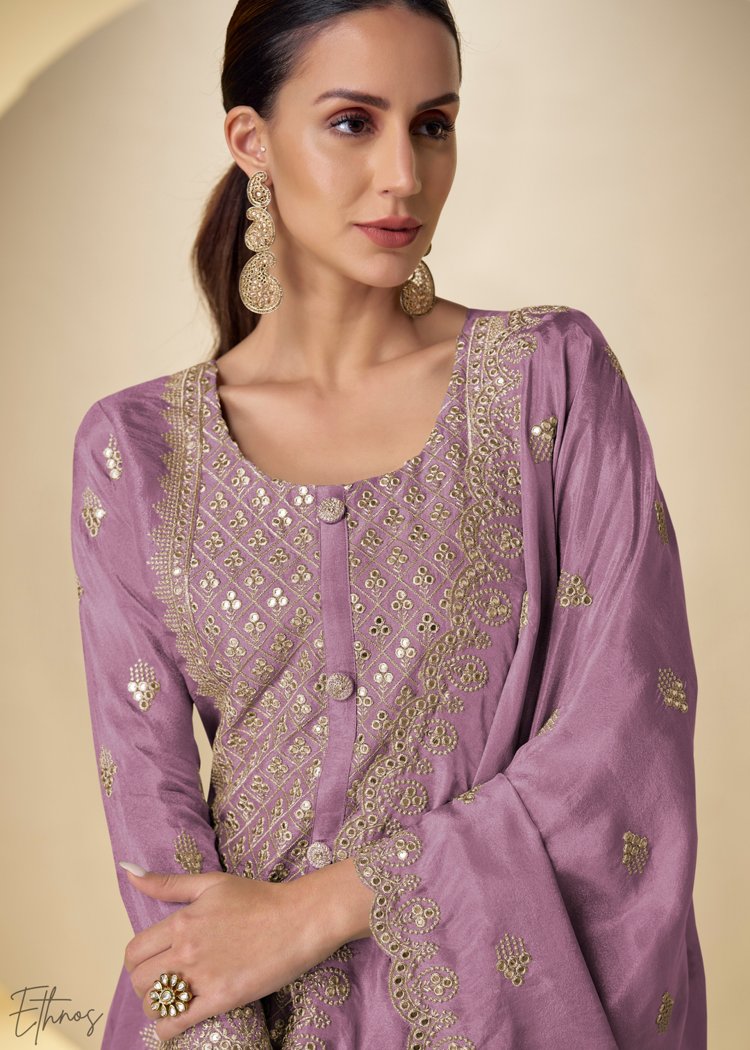 Orchid Arabesque Embroidered Shimmer Silk Palazzo Suit