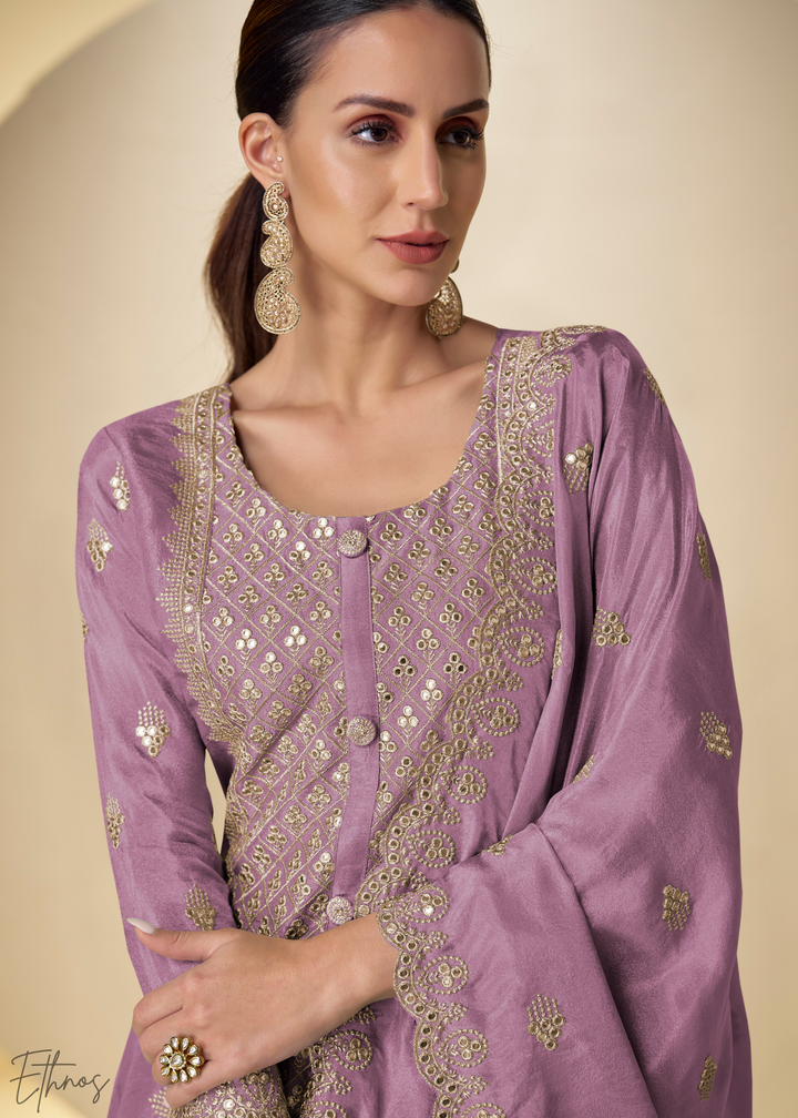 Orchid Arabesque Embroidered Shimmer Silk Palazzo Suit