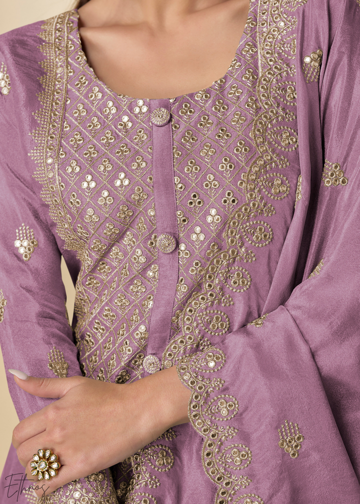 Orchid Arabesque Embroidered Shimmer Silk Palazzo Suit