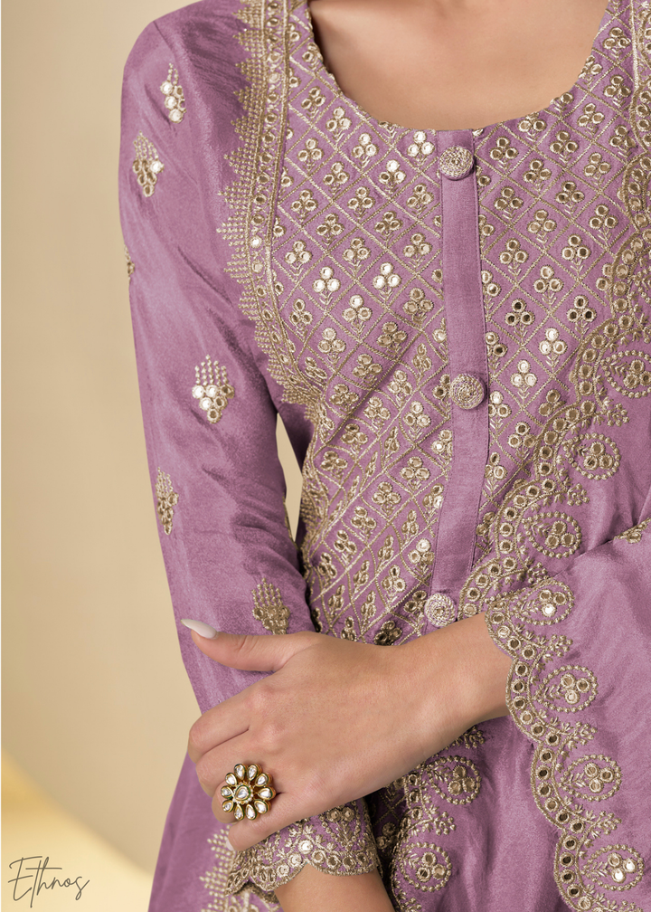 Orchid Arabesque Embroidered Shimmer Silk Palazzo Suit