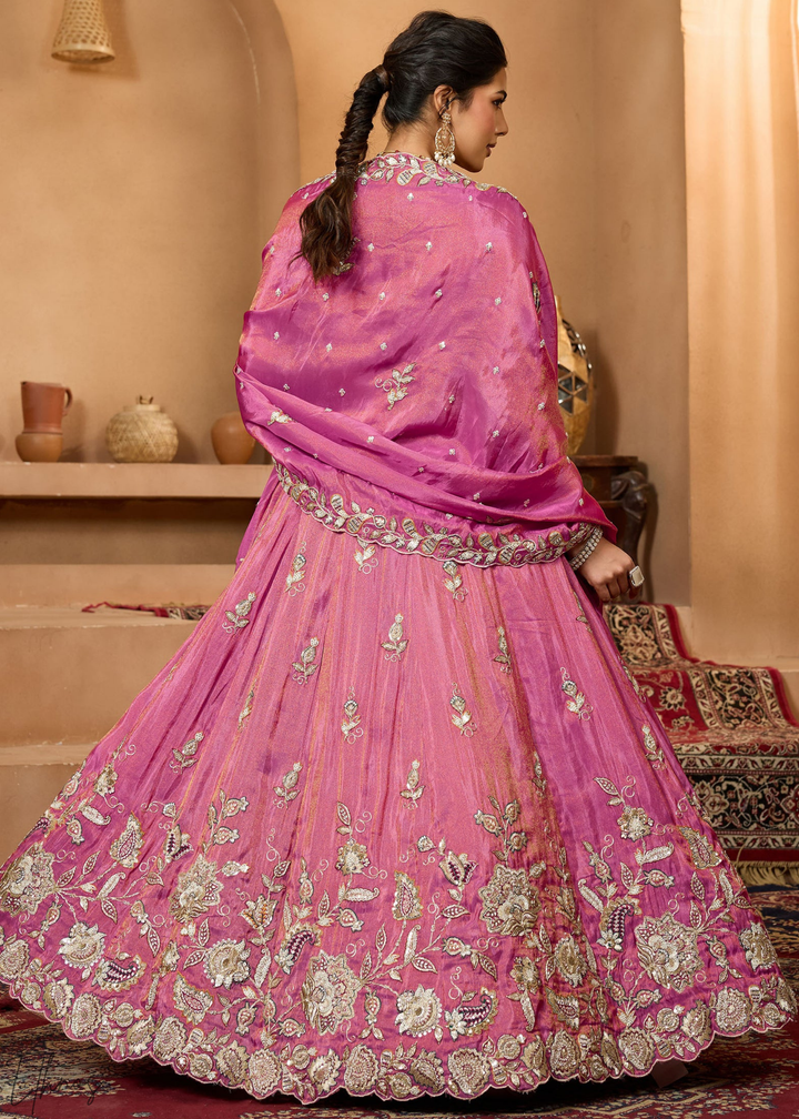 Orchid Embroidered Scalloped-Border Tissue Lehenga