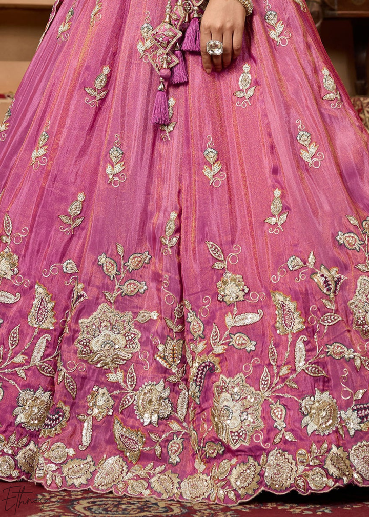 Orchid Embroidered Scalloped-Border Tissue Lehenga