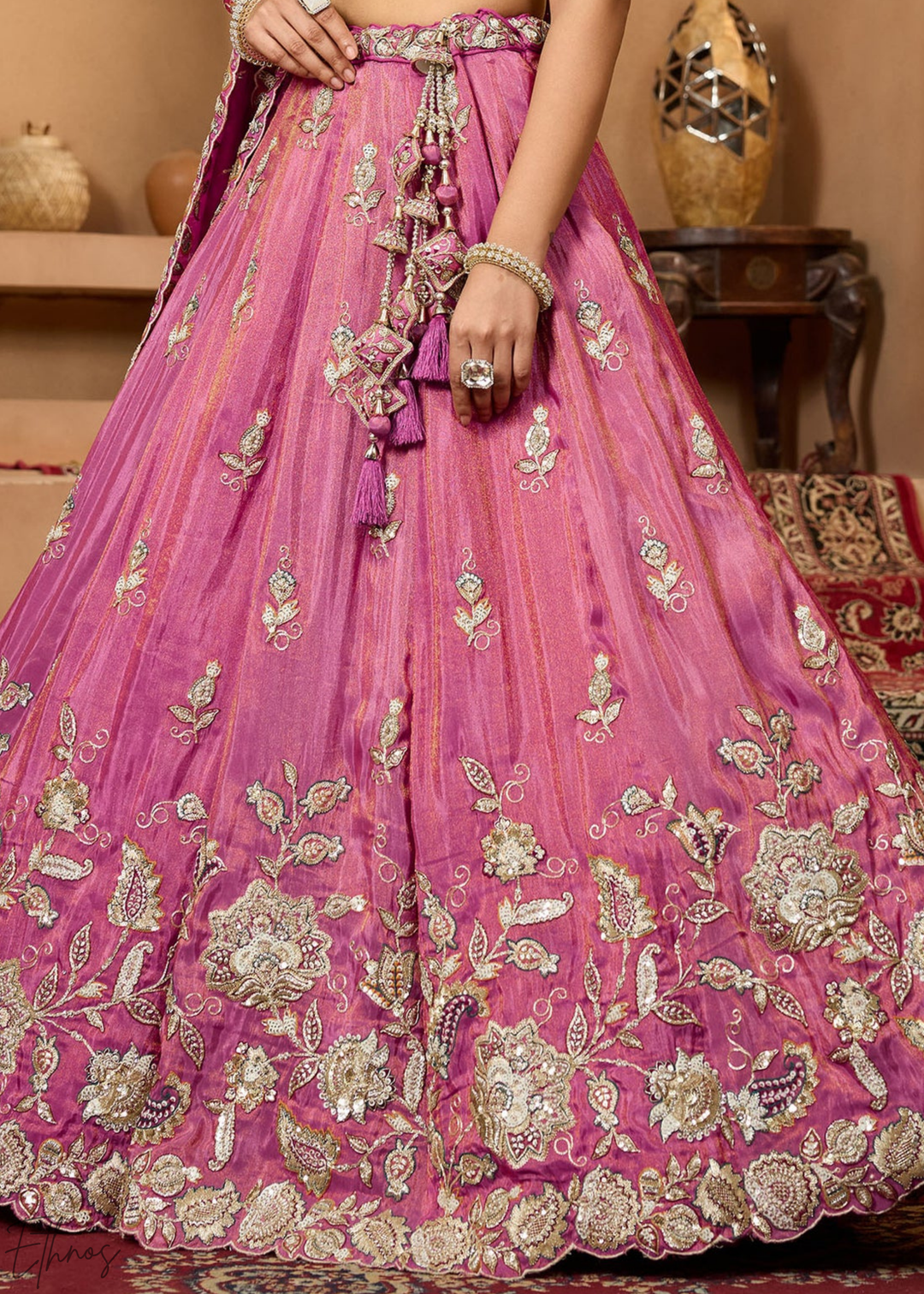 Orchid Embroidered Scalloped-Border Tissue Lehenga