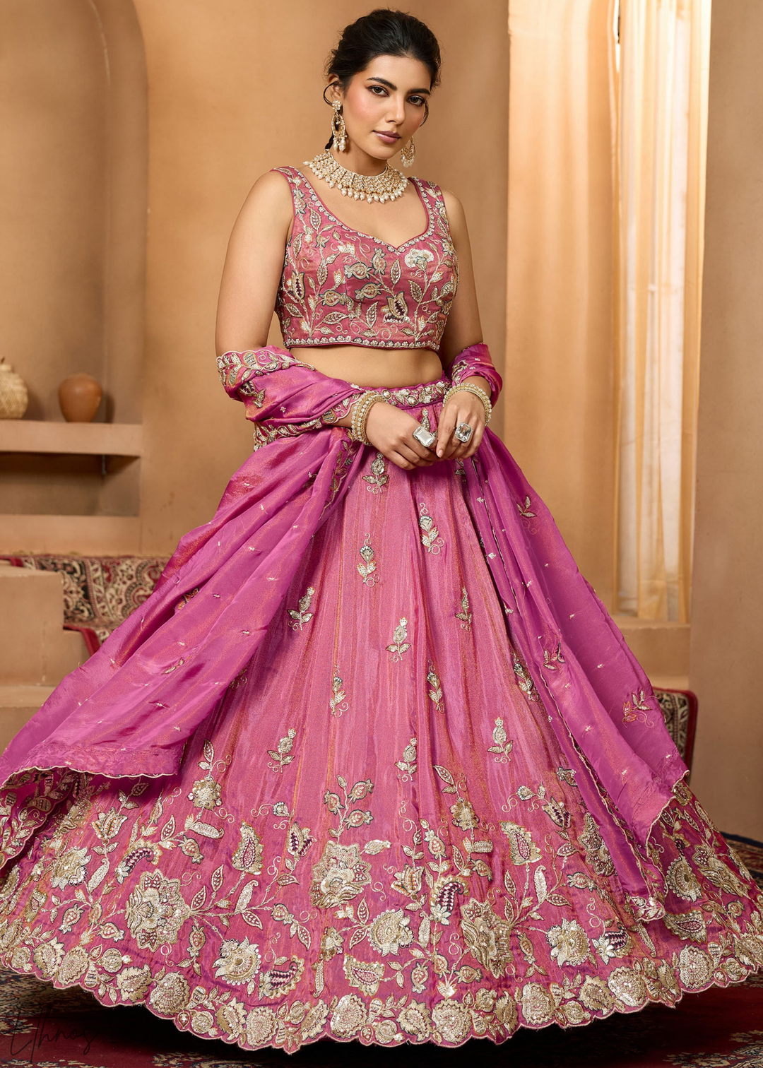 Orchid Embroidered Scalloped-Border Tissue Lehenga