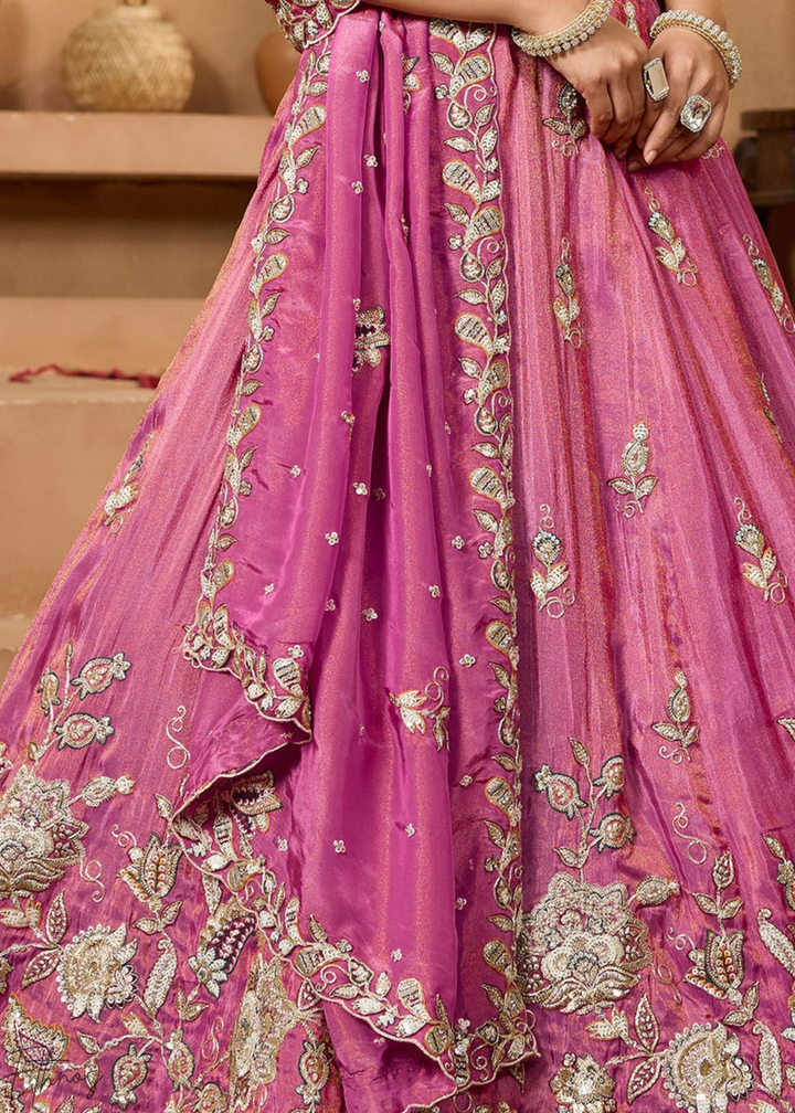 Orchid Embroidered Scalloped-Border Tissue Lehenga