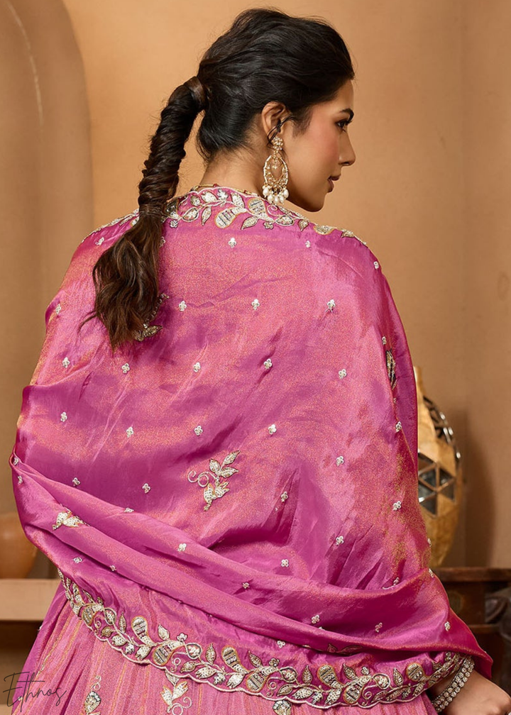 Orchid Embroidered Scalloped-Border Tissue Lehenga