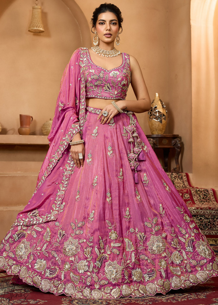 Orchid Embroidered Scalloped-Border Tissue Lehenga