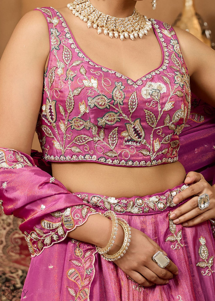 Orchid Embroidered Scalloped-Border Tissue Lehenga