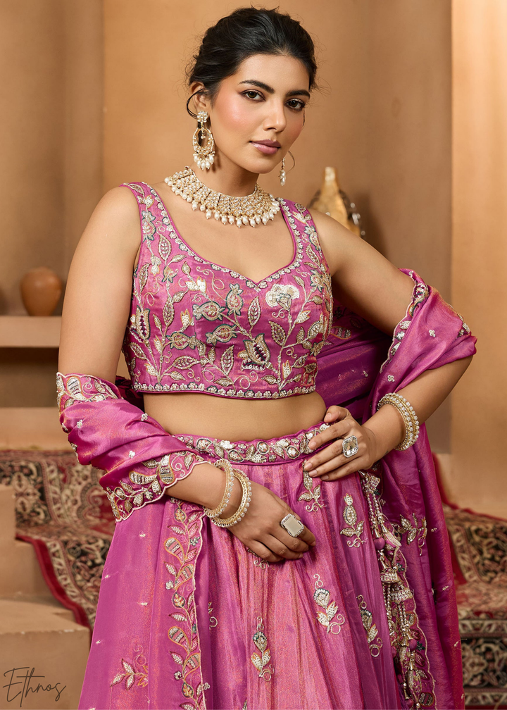 Orchid Embroidered Scalloped-Border Tissue Lehenga