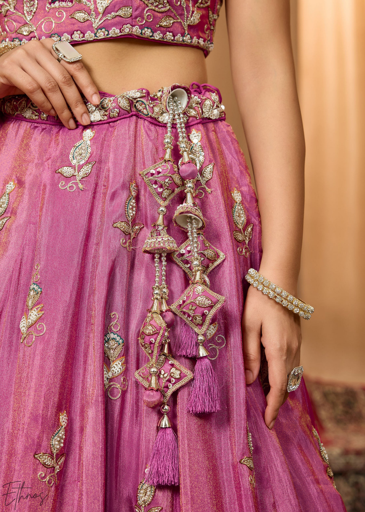 Orchid Embroidered Scalloped-Border Tissue Lehenga