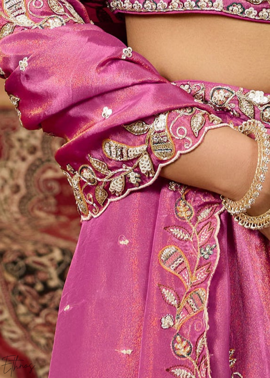 Orchid Embroidered Scalloped-Border Tissue Lehenga
