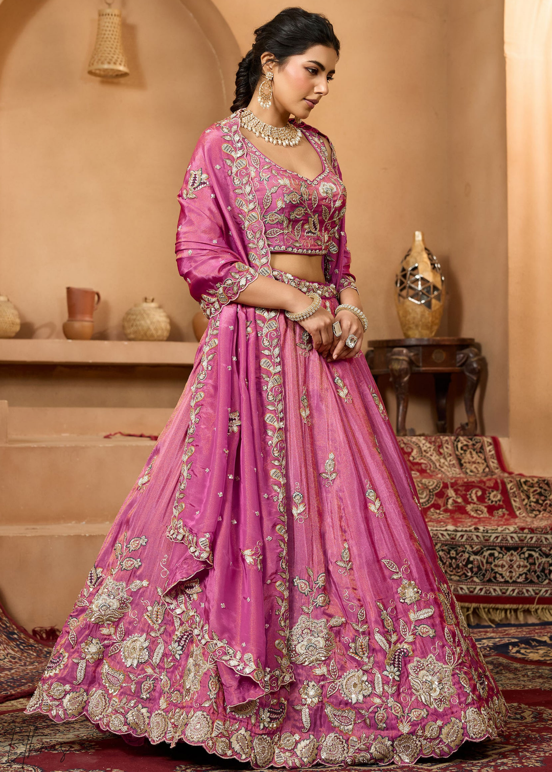 Orchid Embroidered Scalloped-Border Tissue Lehenga