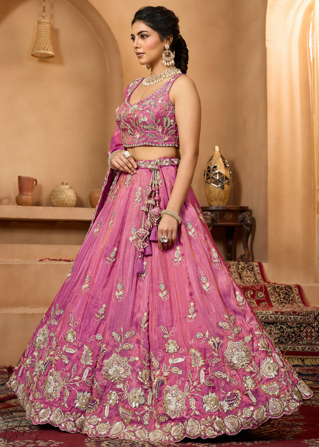 Orchid Embroidered Scalloped-Border Tissue Lehenga