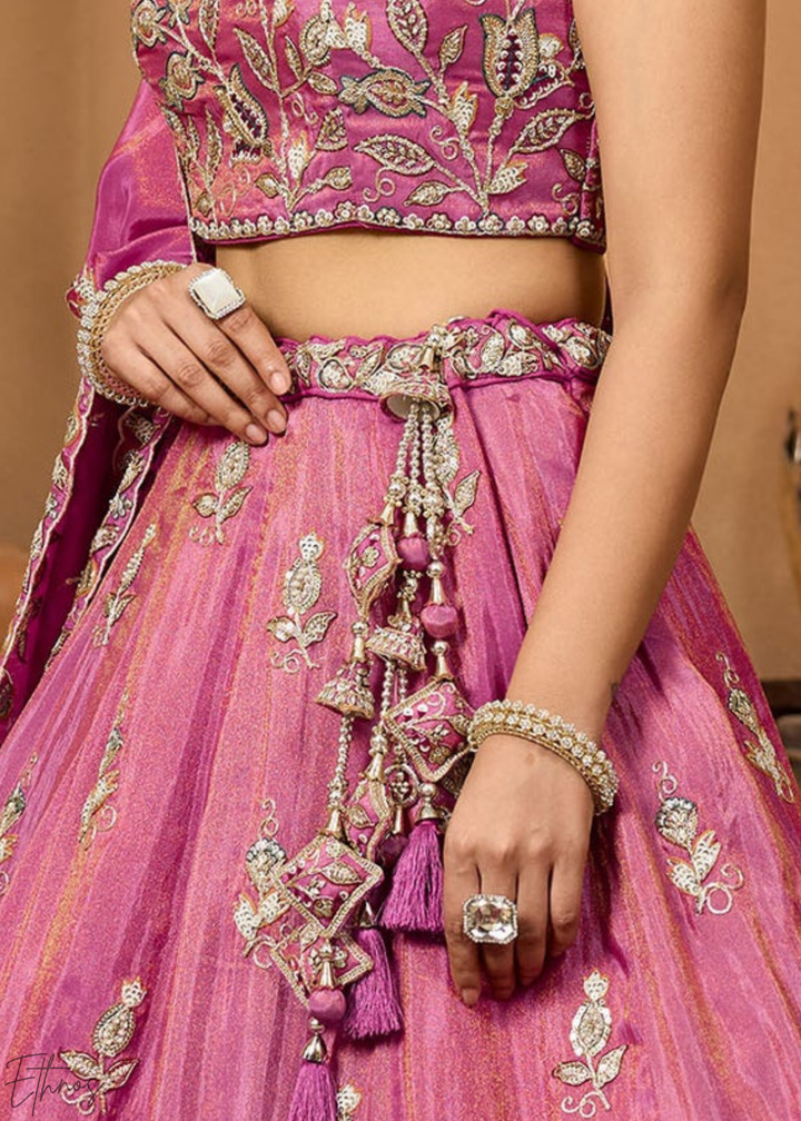 Orchid Embroidered Scalloped-Border Tissue Lehenga