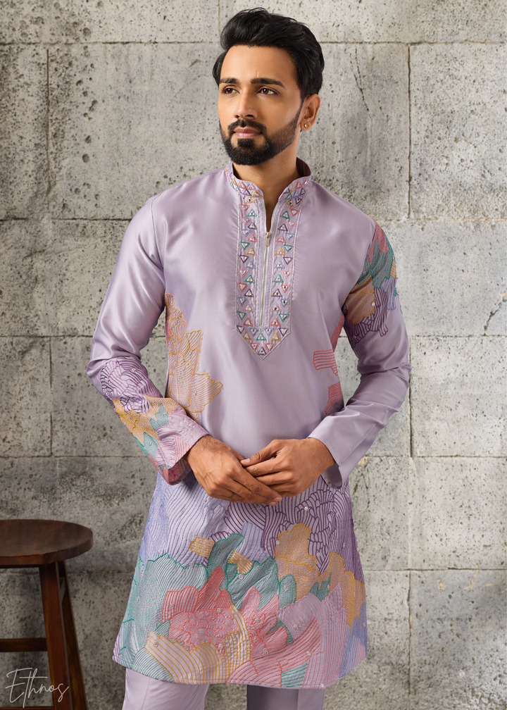 Orchid Lavender Abstract-Flora Silk Kurta Pajama Set