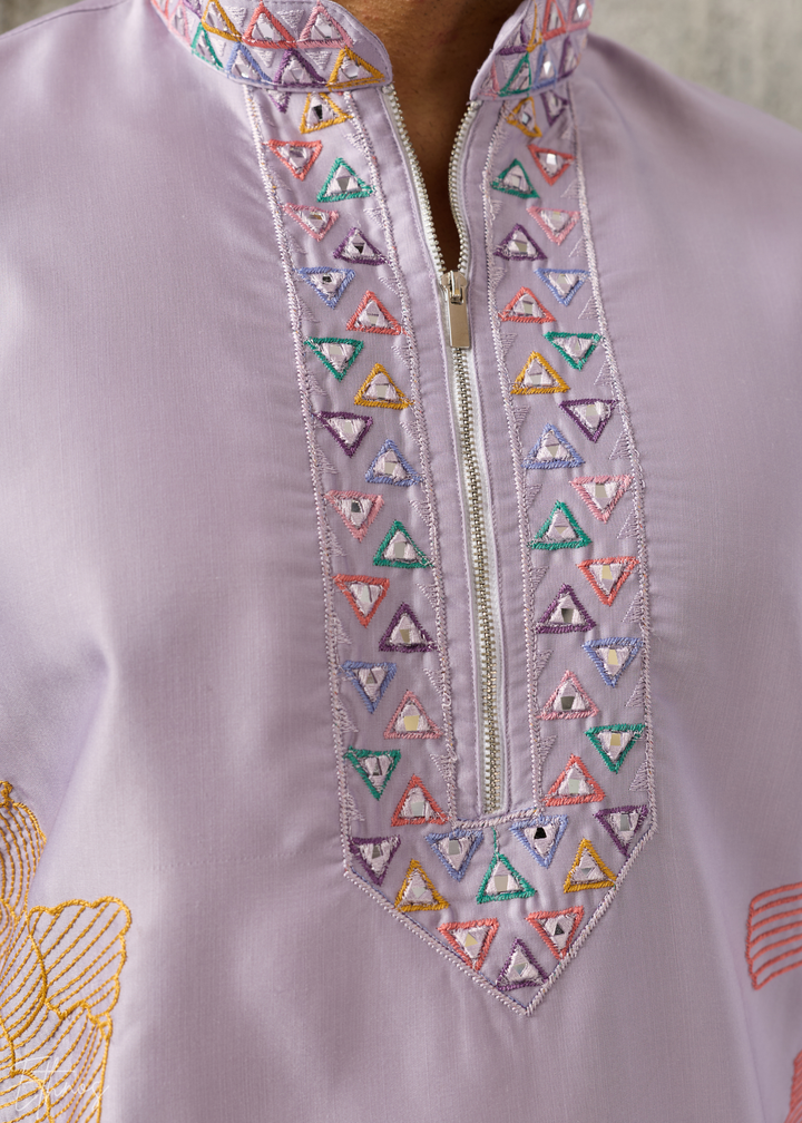 Orchid Lavender Abstract-Flora Silk Kurta Pajama Set