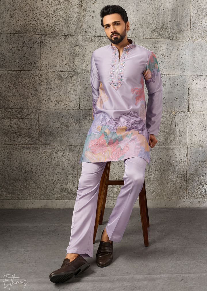 Orchid Lavender Abstract-Flora Silk Kurta Pajama Set