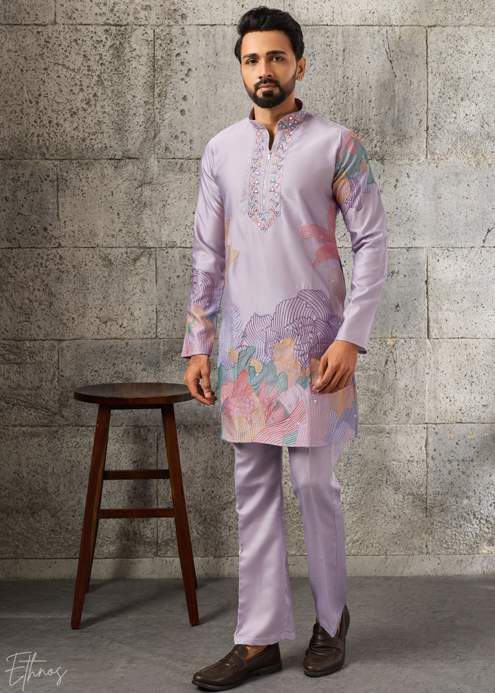 Orchid Lavender Abstract-Flora Silk Kurta Pajama Set