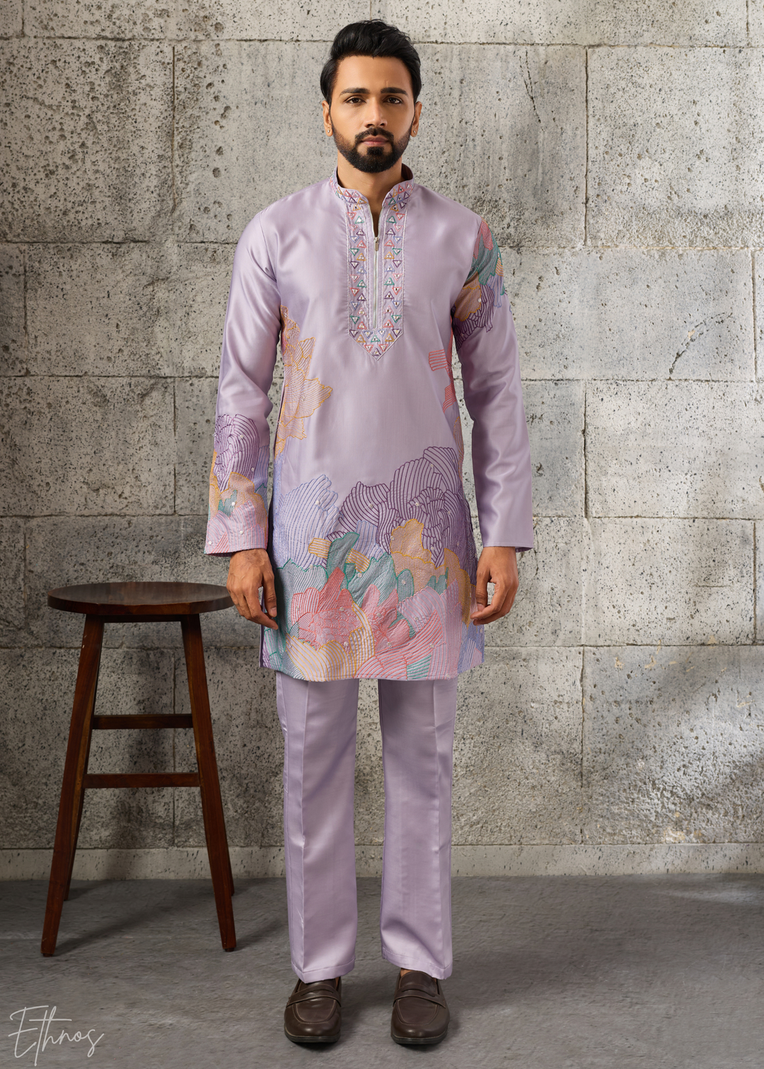 Orchid Lavender Abstract-Flora Silk Kurta Pajama Set