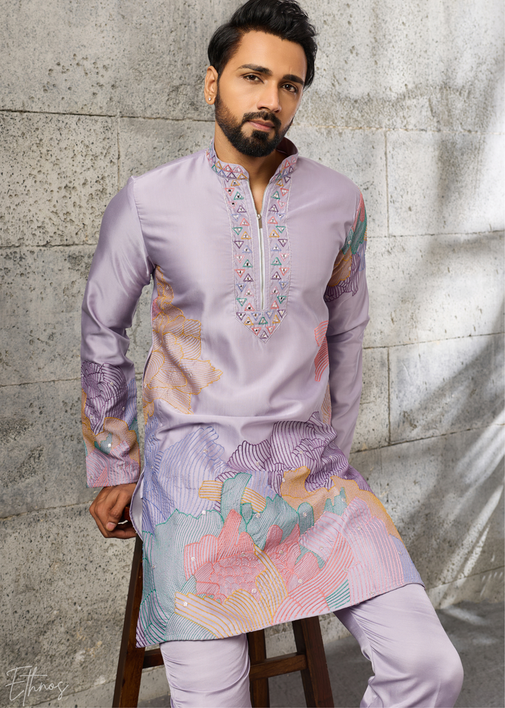 Orchid Lavender Abstract-Flora Silk Kurta Pajama Set
