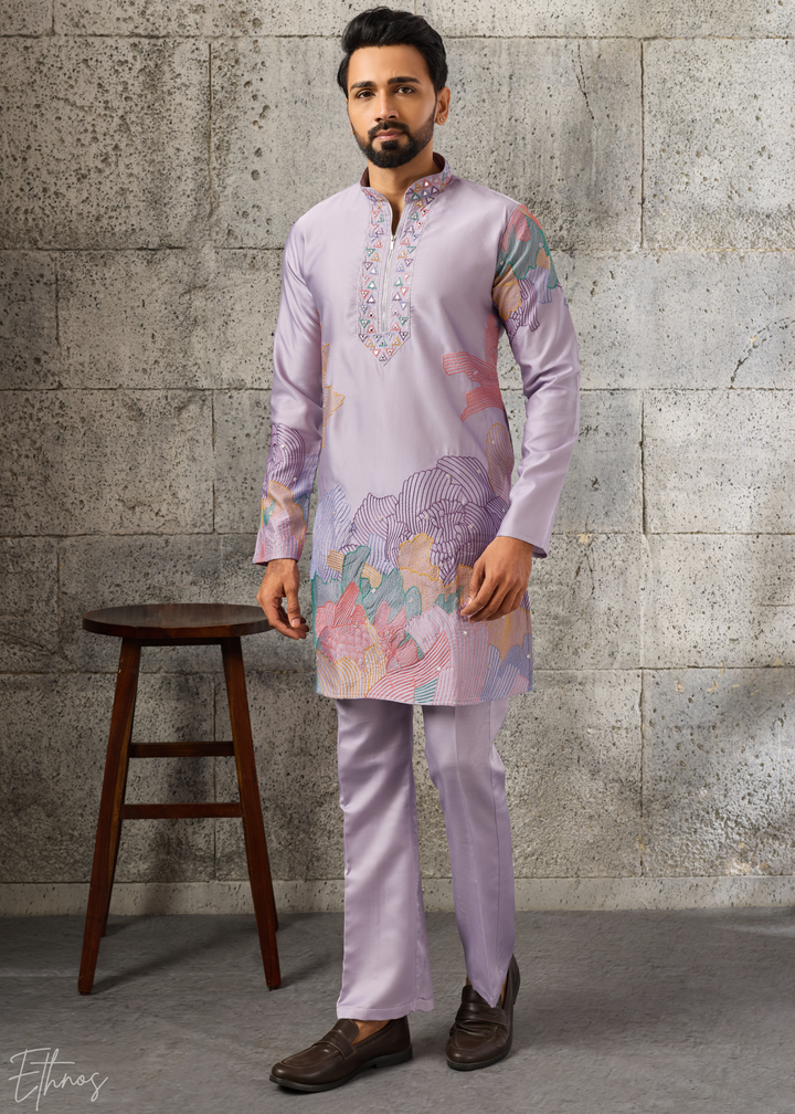 Orchid Lavender Abstract-Flora Silk Kurta Pajama Set