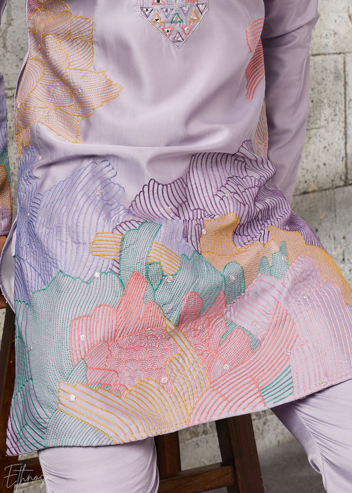 Orchid Lavender Abstract-Flora Silk Kurta Pajama Set