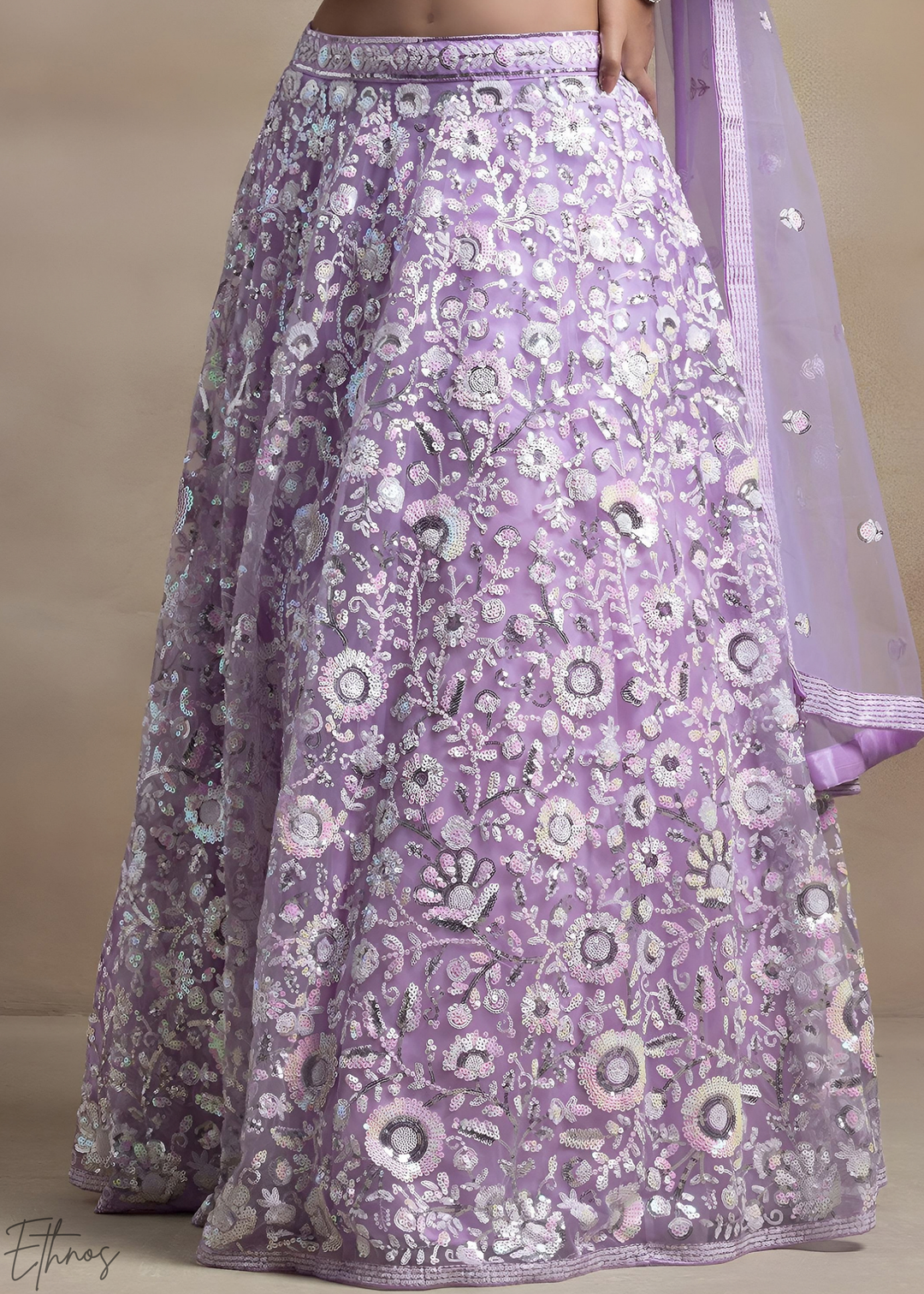 Orchid Lavender Foliage Filigree Net Lehenga