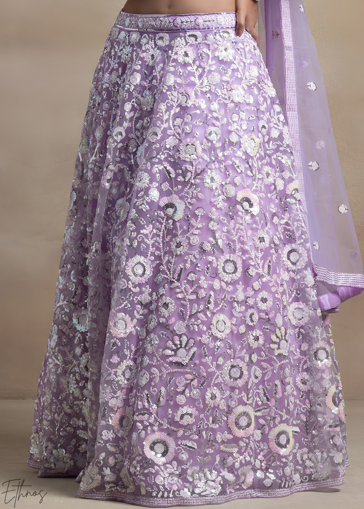 Orchid Lavender Foliage Filigree Net Lehenga