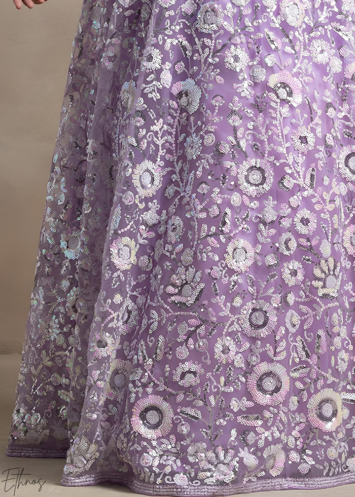 Orchid Lavender Foliage Filigree Net Lehenga