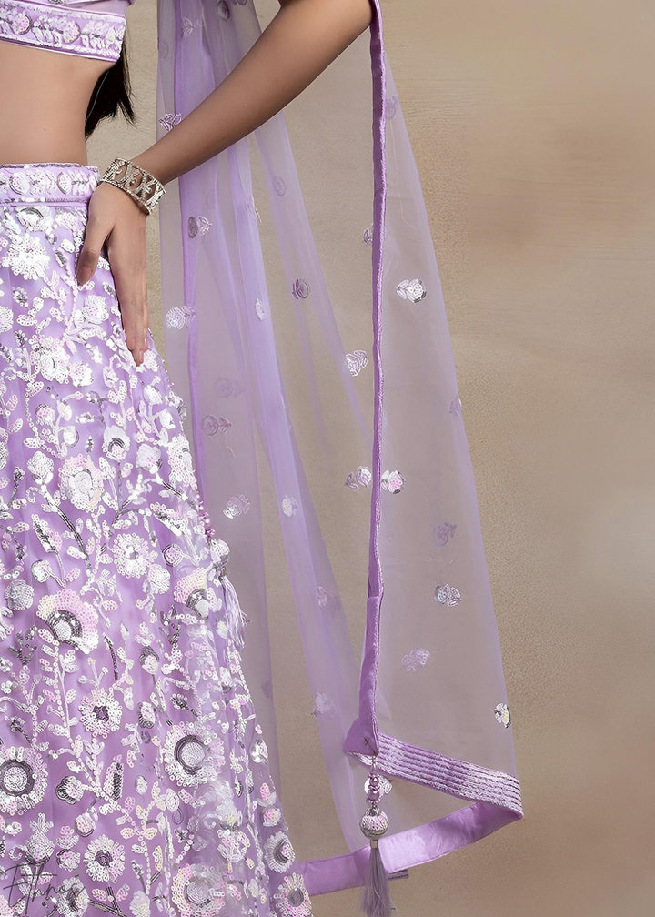 Orchid Lavender Foliage Filigree Net Lehenga