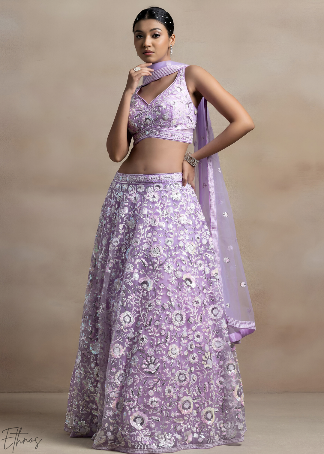 Orchid Lavender Foliage Filigree Net Lehenga