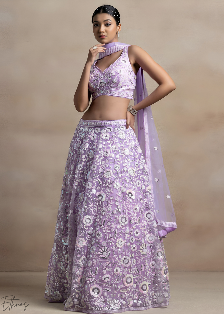 Orchid Lavender Foliage Filigree Net Lehenga