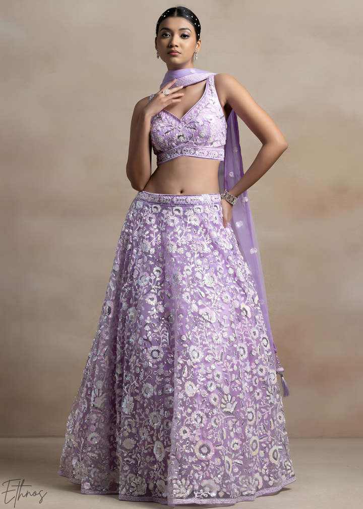 Orchid Lavender Foliage Filigree Net Lehenga
