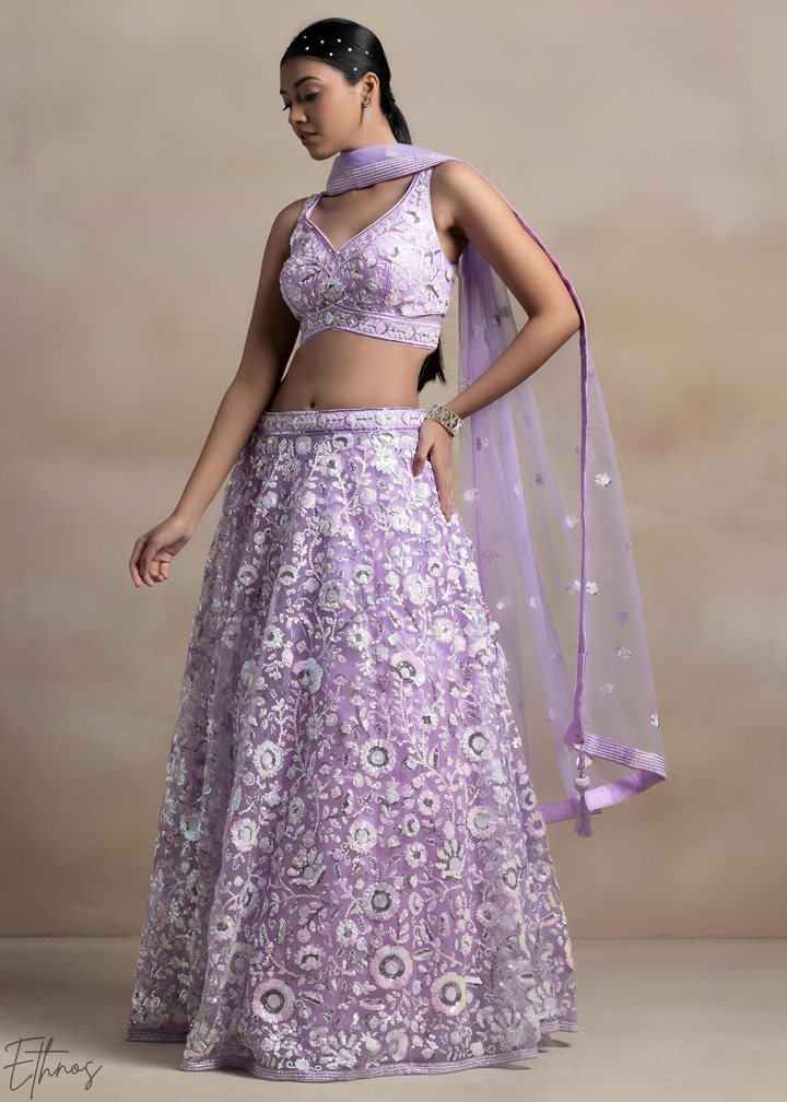 Orchid Lavender Foliage Filigree Net Lehenga