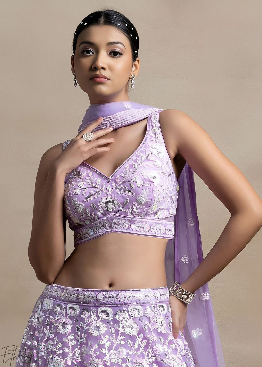 Orchid Lavender Foliage Filigree Net Lehenga