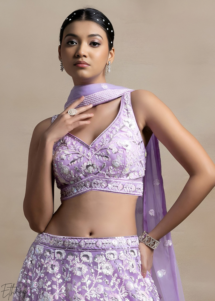 Orchid Lavender Foliage Filigree Net Lehenga
