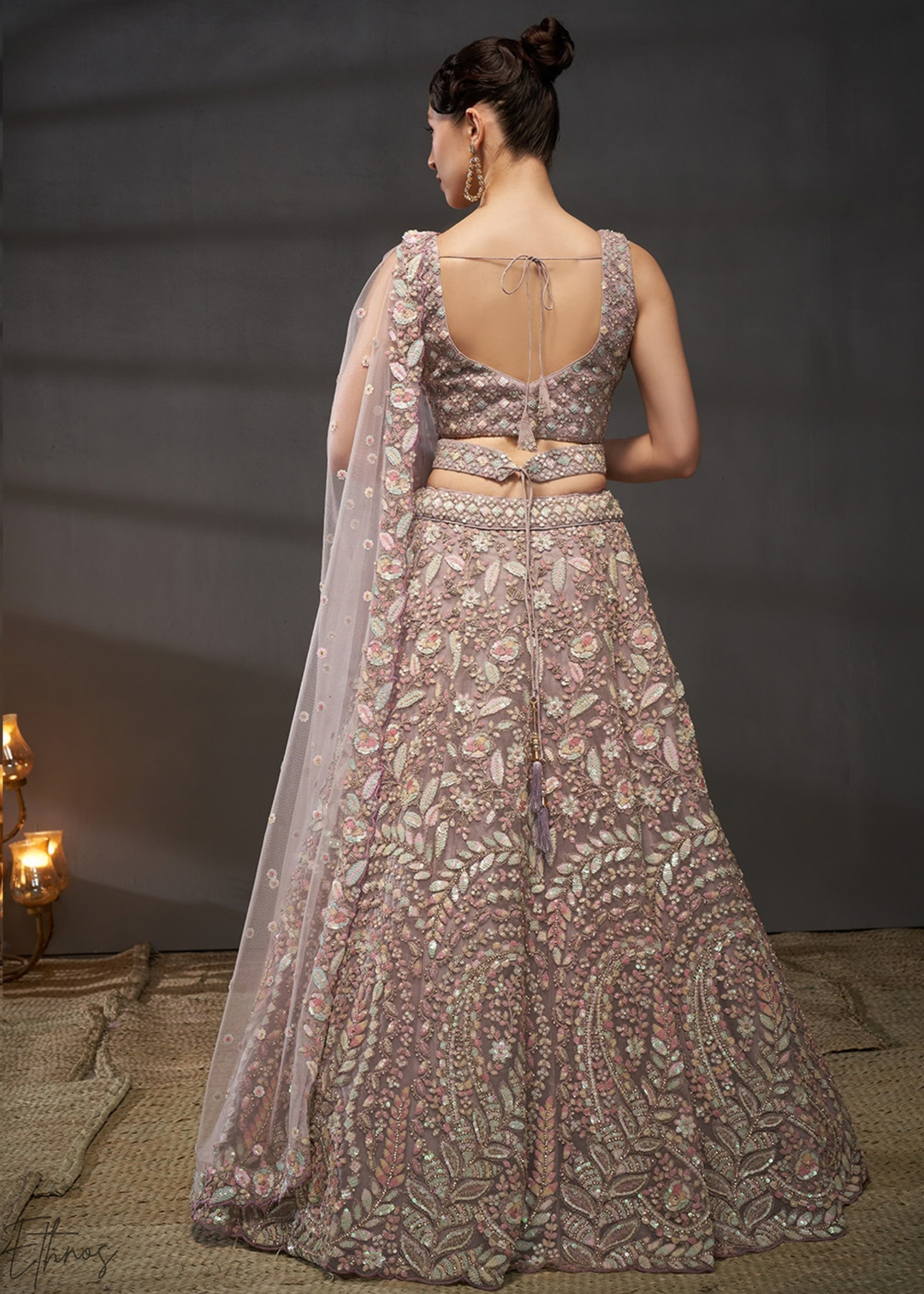 Soft Lavender Gilded Bouquet Net Lehenga