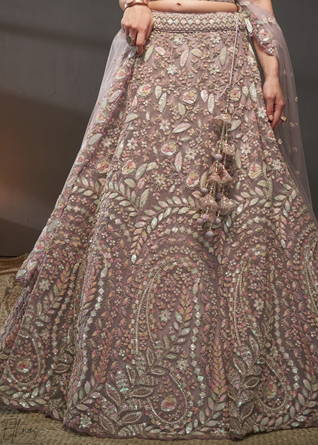 Soft Lavender Gilded Bouquet Net Lehenga