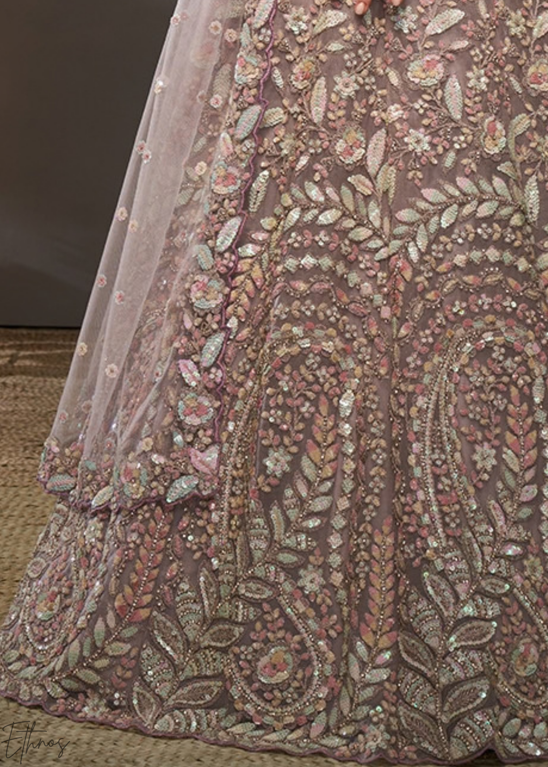 Soft Lavender Gilded Bouquet Net Lehenga