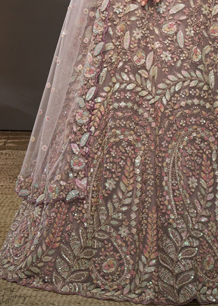 Soft Lavender Gilded Bouquet Net Lehenga