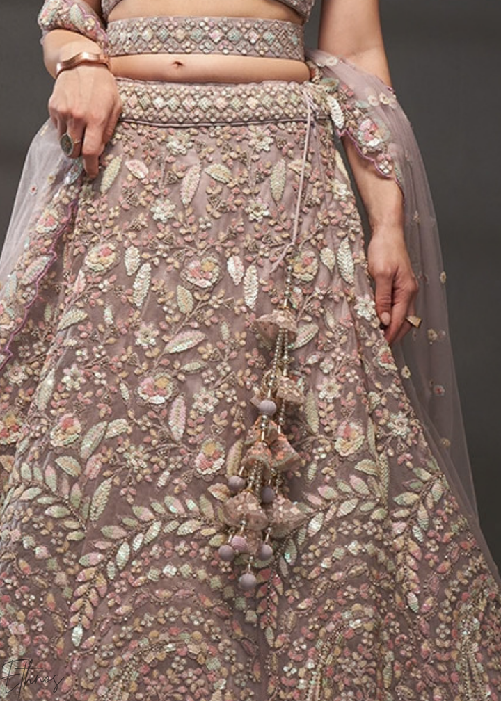 Soft Lavender Gilded Bouquet Net Lehenga