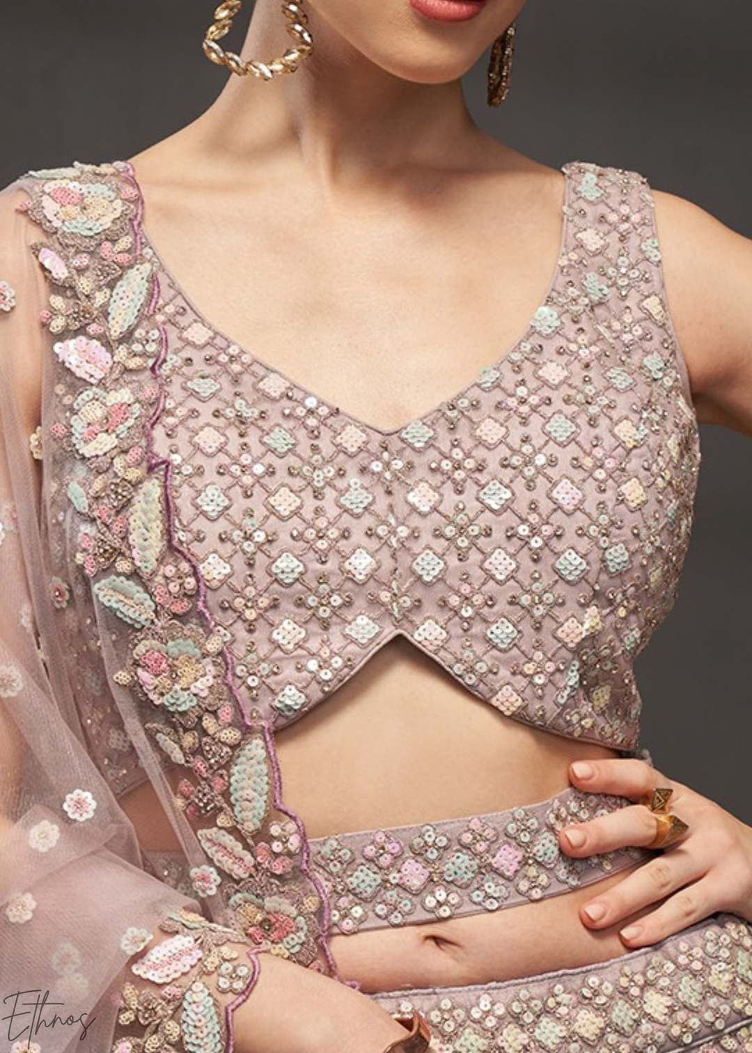 Soft Lavender Gilded Bouquet Net Lehenga