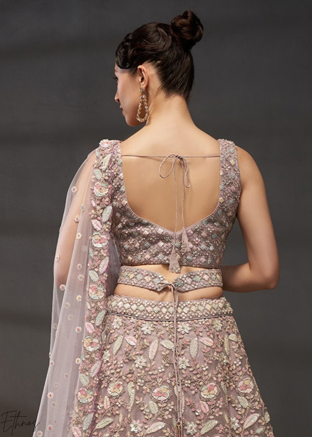 Soft Lavender Gilded Bouquet Net Lehenga