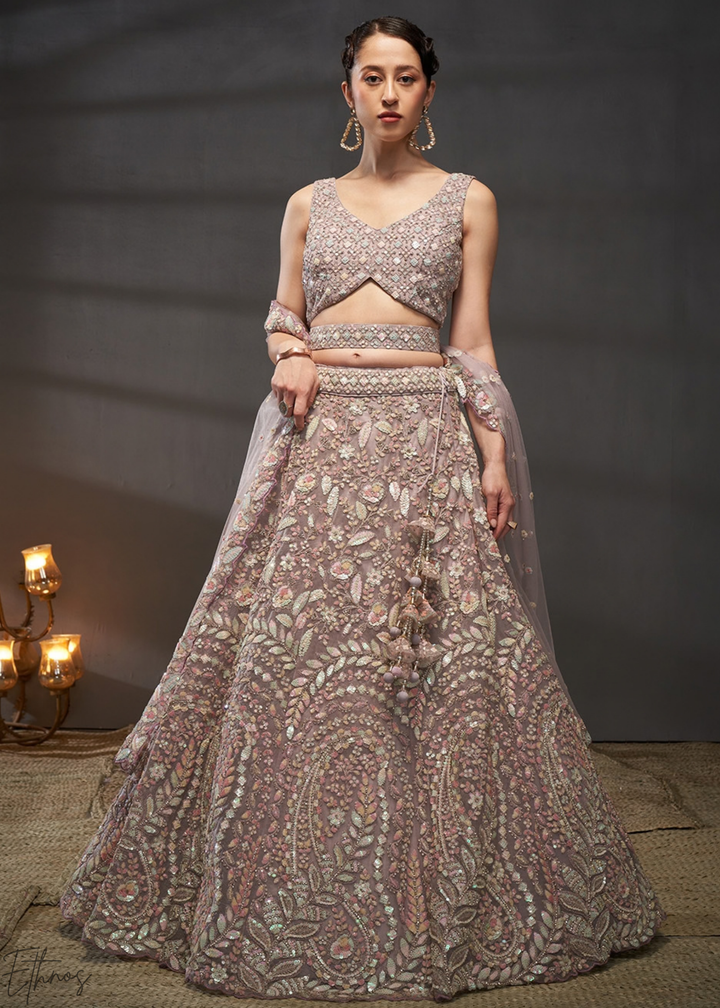 Soft Lavender Gilded Bouquet Net Lehenga