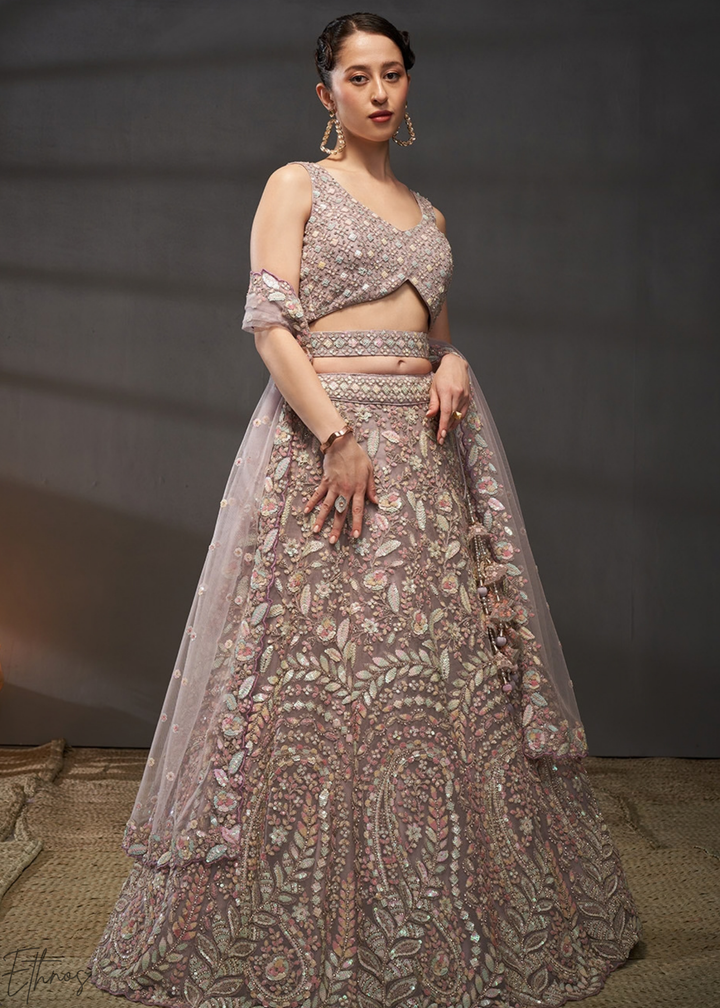 Soft Lavender Gilded Bouquet Net Lehenga